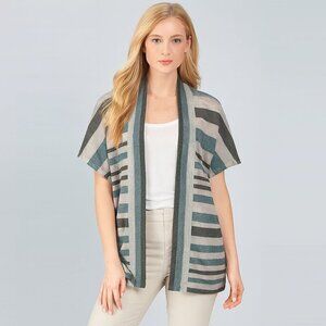 St. John Striped Open Front Cardigan Sweater Short Sleeve Gray Tunic XP/XS #9454